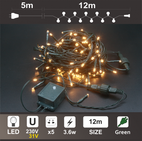 Светещ Гирлянд: 120 топло бели LED /диодни/ лампички,Зелен PVC кабел - Светеща верига