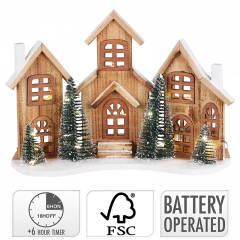 Дървени LED къщички 38х12х27 см - Светещи фигури