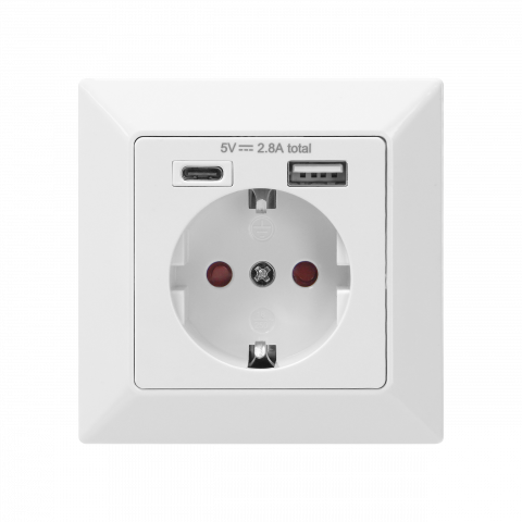 Контакт ШУКО 2P+E 16A + USB тип A+C 2.8A 14W цвят бял - Ключове и контакти