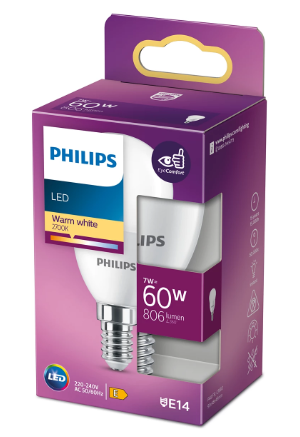 LED крушка Philips E14 7W 806Lm 2700K, балонче - Лед крушки е14