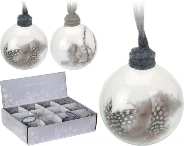 Стъклена коледна топка с пера 8 см - Коледни топки