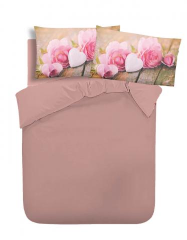 Единичен едноцветен спален комплект хасе с печатани калъфки – роза - Спални комплекти