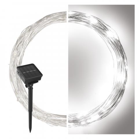 LED нано нишка със соларен панел, 12м студено бяла - Светеща верига