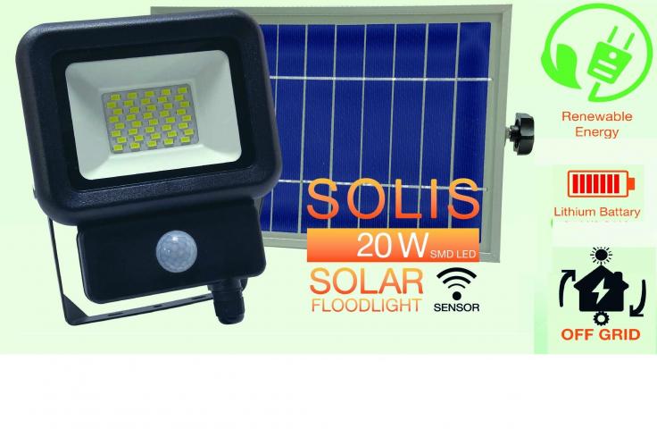Соларен LED прожектор със сензор 20W  6500K 1400LM 4.4Ah 36ч МАХ - Соларни лампи