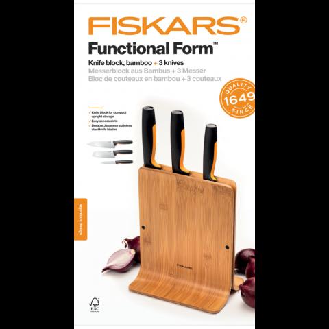 Ножове Fiskars Functional Form с бамбукова поставка 3 бр., снимка 5 - Аксесоари за готвене