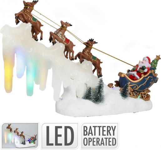 LED Шейна с Дядо Коледа и елени 
33х8,5х21см,
3хААА батерии - Светещи фигури