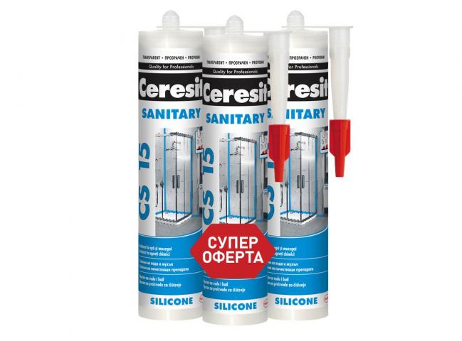 Санитарен силикон Ceresit CS 15 Premium 3 x 280 мл, прозрачен - Силикони