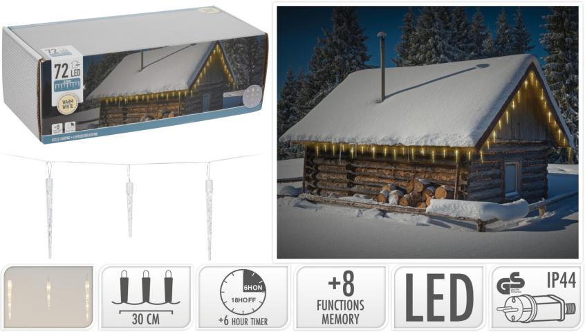 Коледни LED светлини Ледени висулки 72 LED топло бели - Светеща мрежа/завеса