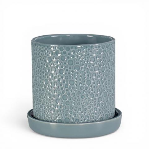 Керамична саксия с подложка 19х19х19 см синя - Керамични саксии