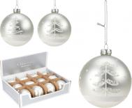 Коледна топка 8см, 
сребърна  с елха, 
стъклена