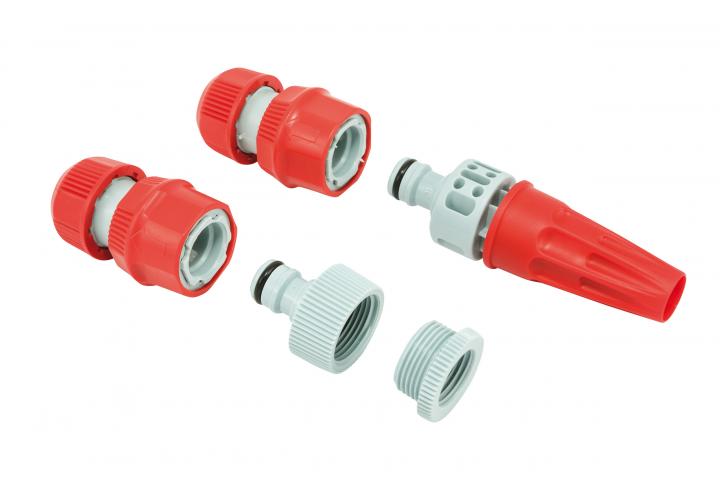 Комплект конектори 3/4" 1/2" и 2 бързи връзки за 1/2" или 5/8" маркуч с регулируема MINI дюза - Пластмаса