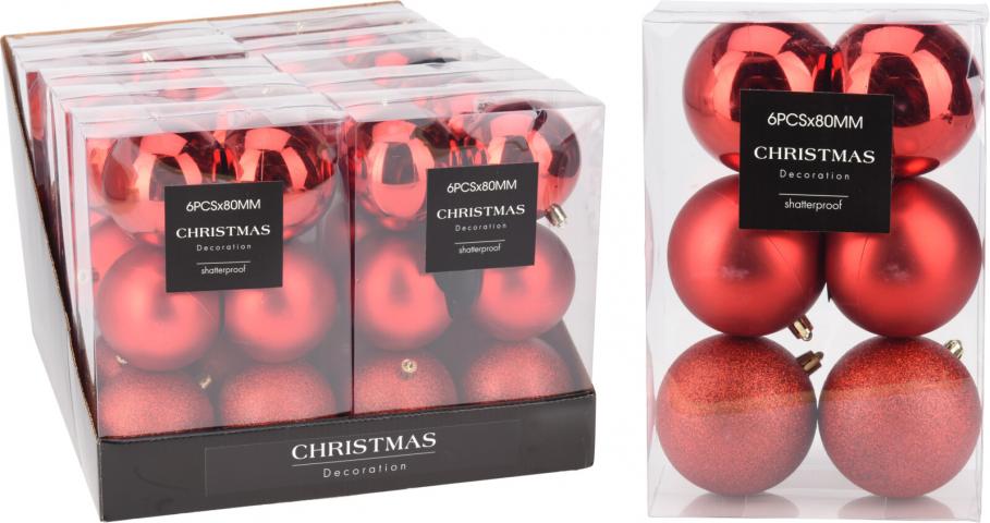 Коледни топки 6 бр. 8 см червени - Коледа