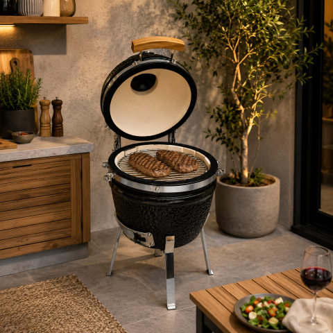 Барбекю Kamado 33x26x34.5 см черно, снимка 2 - Керамични грилове Кamado
