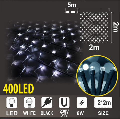 Светеща мрежа OUT 2х2м, 360 бели LED + 40 бели мигащи LED лампички - Светеща мрежа/завеса