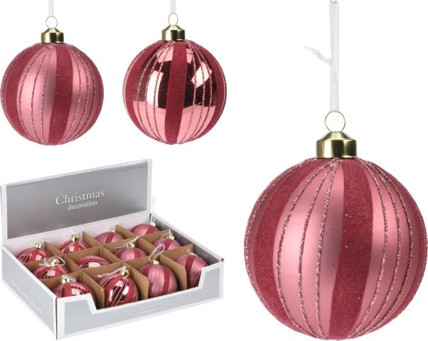 Коледна топка 8см, 
райе кадифе,
розова, стъклена - Коледа