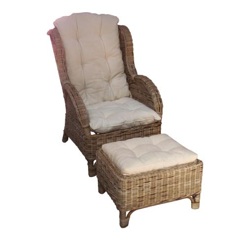 Ратаново кресло с табуретка, бели възгл., снимка 2 - Ратанови столове