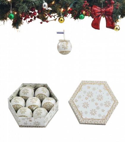 Снежни топки 75 мм златни със снежинка в бяла кутия .7 бройки в кутия - Коледа