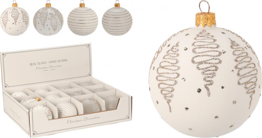 Коледна топка с брокат и декорация 8 см бяла - Коледни топки