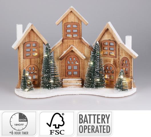 Дървени LED къщички 38х12х27см - Коледни фигури