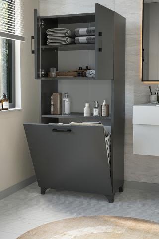 Шкаф за пране с кош DAMLA антрацит, снимка 4 - Гардероби