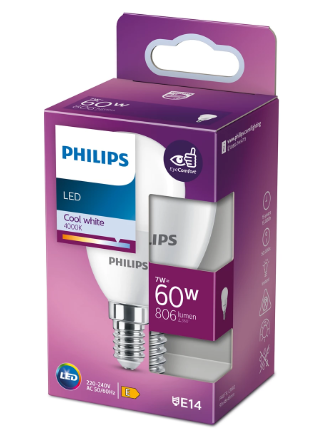LED крушка Philips E14 7W 806Lm 4000K, балонче - Лед крушки е14