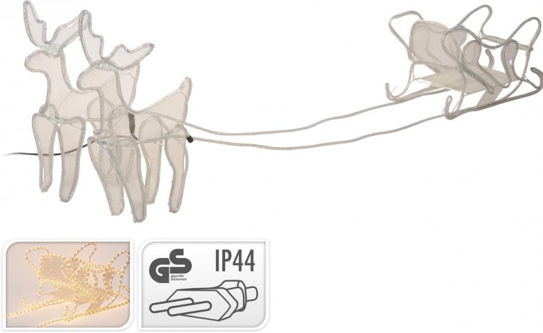 Светеща шейна с елени 
230х50х52см,
дължина на светещ маркуч 21 м, ф10мм,
36 бр.микро лампи на 1м - Светещи фигури