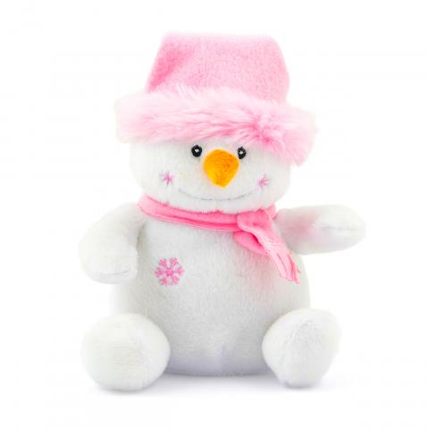 Плюшен снежен човек с розова шапка и шал - Плюшени коледни играчки