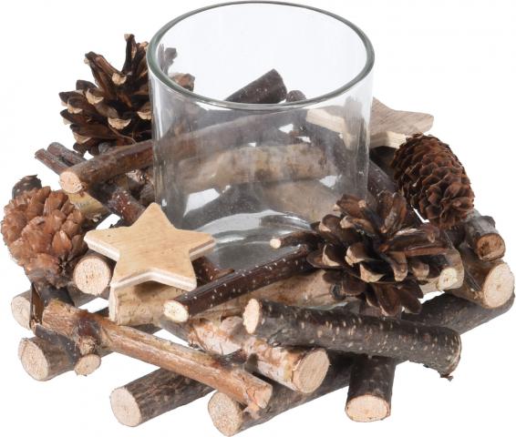 Свещник с дървен декор 16x10 см - Коледни артикули