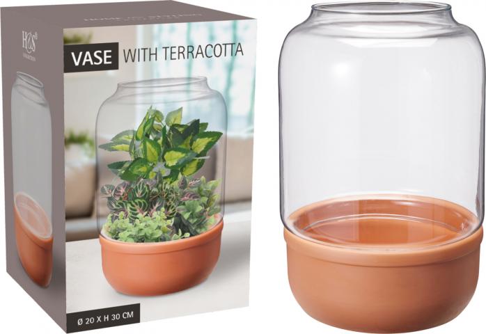 Стъклена ваза с основа теракота - Стъклени вази