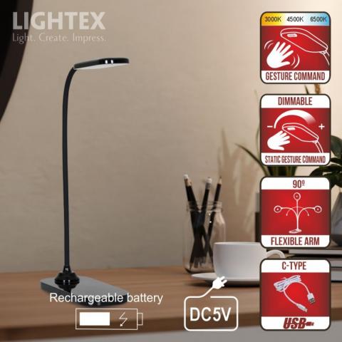 LED работна лампа SIGMA DC 5V 3W 3000K-6500K 200lm 1200mah Li-ion управление с жест IP20 черна, снимка 4 - Лампи за бюро