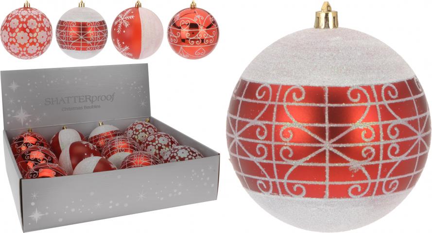 Коледна топка ф80мм., бяла с червена декорация - Коледа