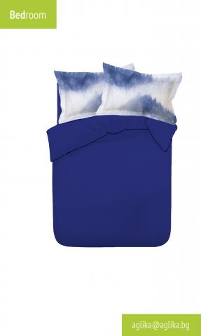 Двоен едноцветен спален комплект хасе с печатани калъфки  - син - Спални комплекти