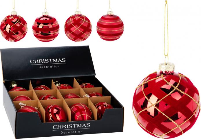 Коледна топка 8 см червена 4 дизайна - Коледа